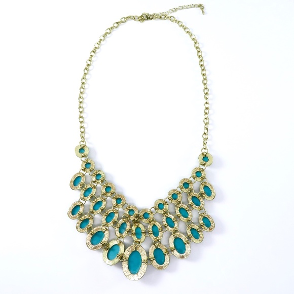 Bib Necklace Statement Piece, Glass Turquoise Cabs - Picture 4 of 7